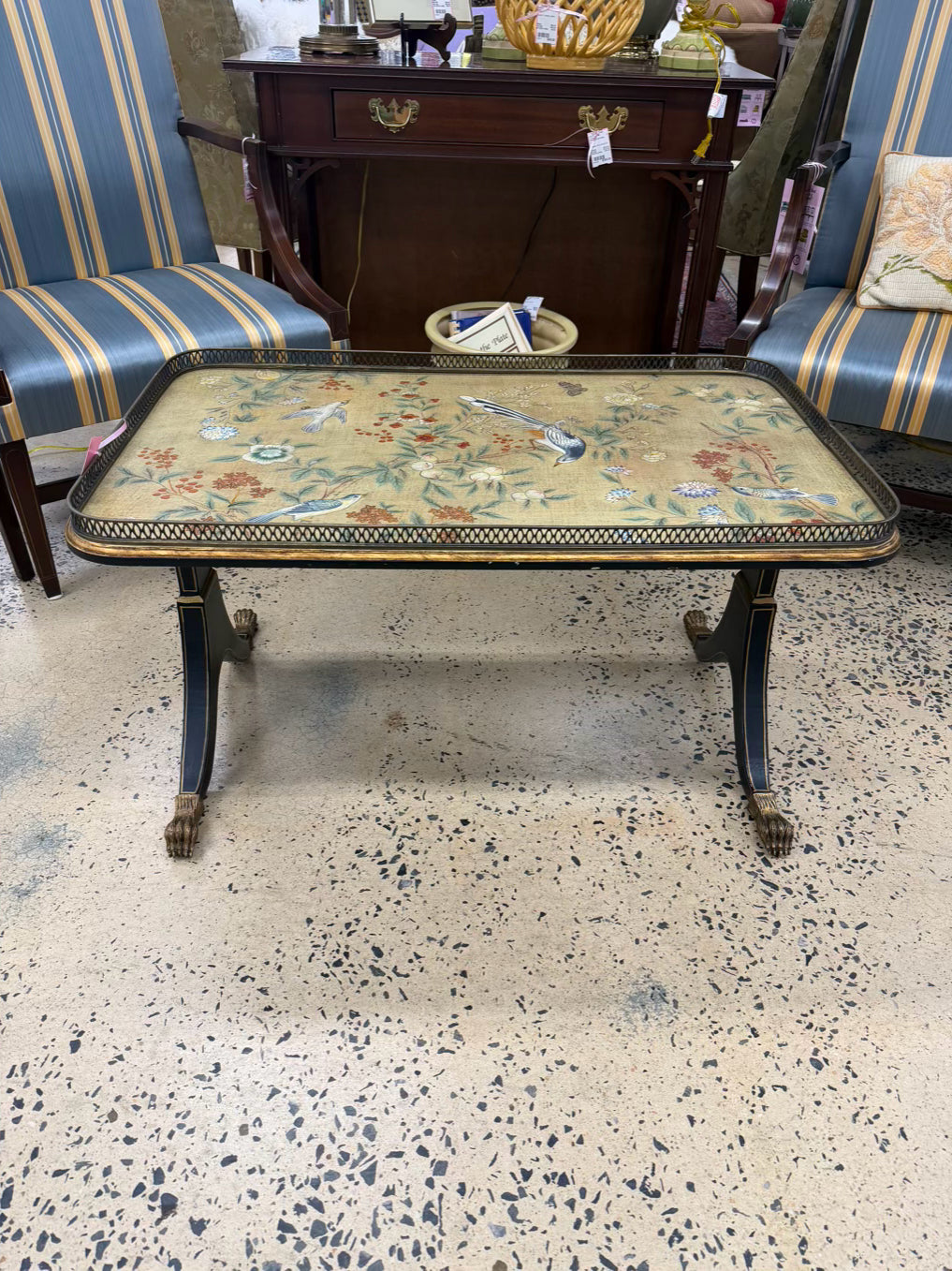 Black & Cream Chinoiserie Wood Birds & Flowers Coffee Table