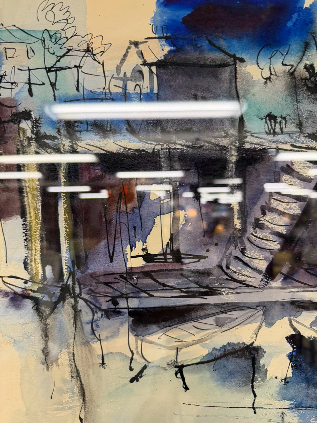 BERKMAN Abstract Waterfront Scene Watercolor In Black Frame