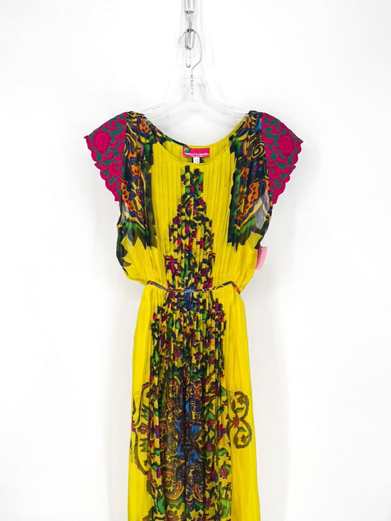 HEMANT & NANDITA Size 12 Yellow Pleated Maxi-Dress w/ Slip