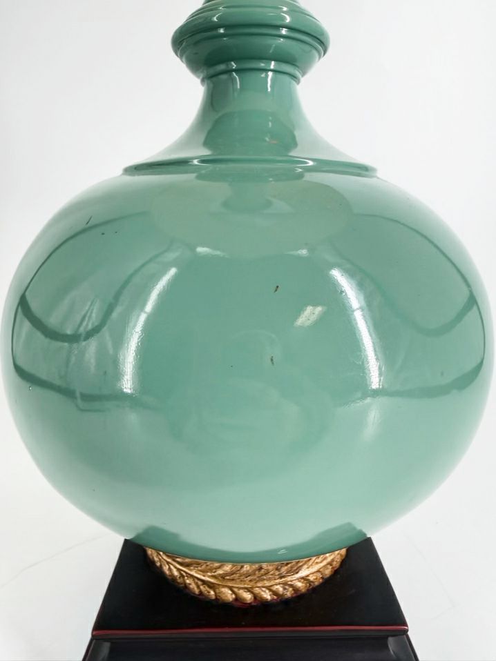 Aqua Lamp w/ Wood & Brass Like Base Detail & Shade