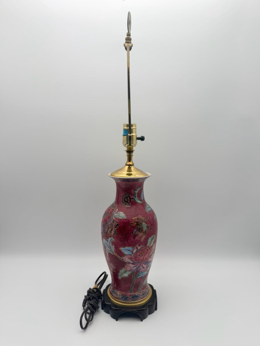 Burgundy & Blue Porcelain Jar Asian Inspired Lamp On Brown Wooden Base