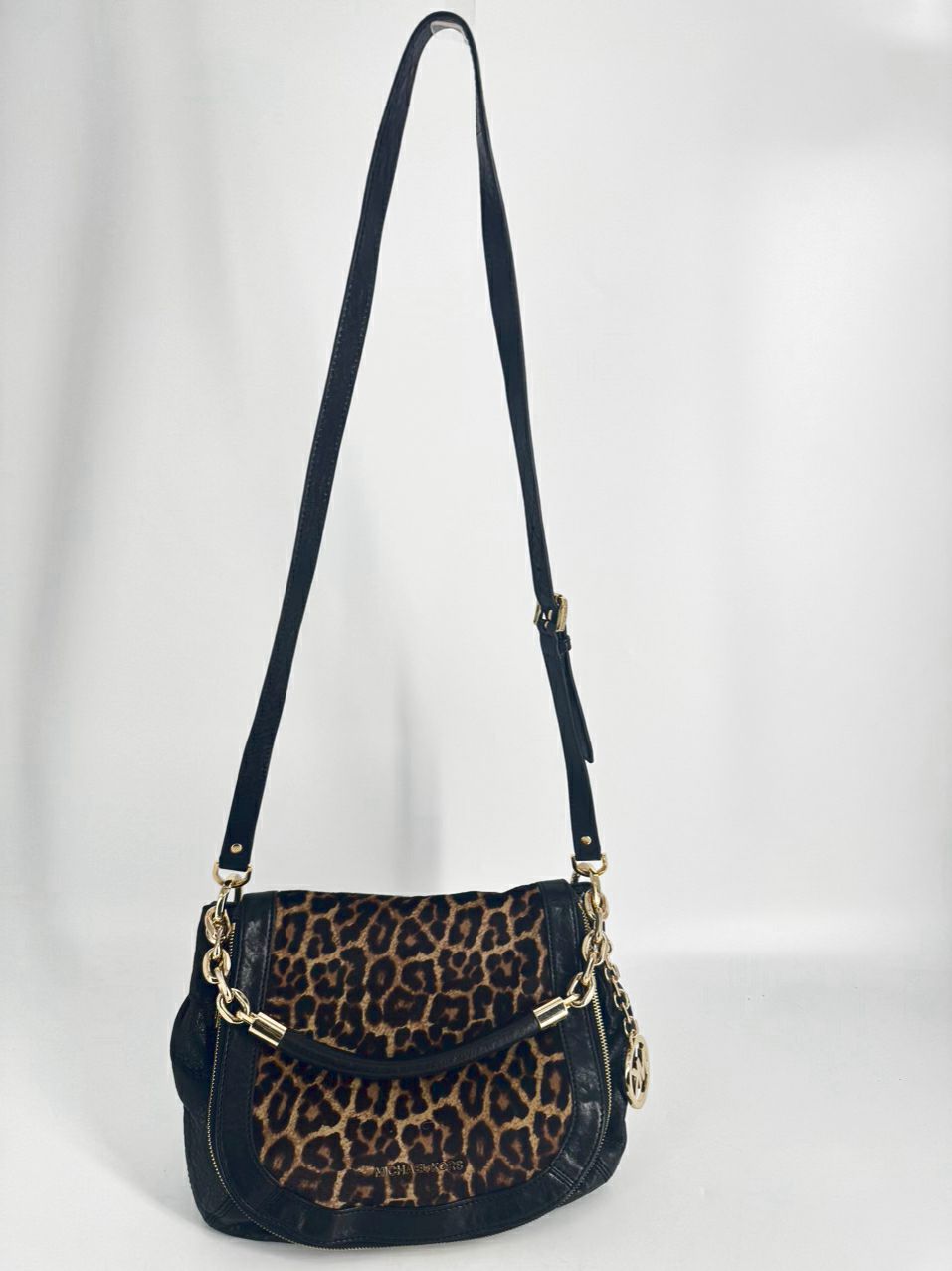 MICHAEL KORS Black Leather & Leopard Print Calf Hair Trim Stanthorpe Satchel