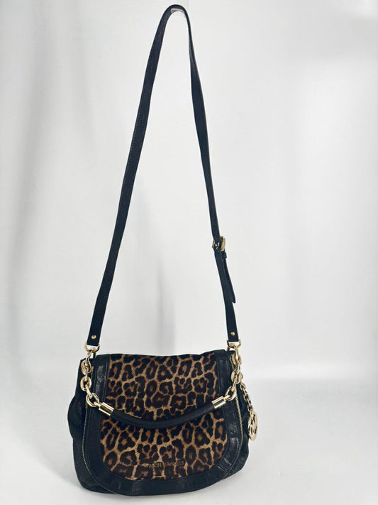 MICHAEL KORS Black Leather & Leopard Print Calf Hair Trim Stanthorpe Satchel