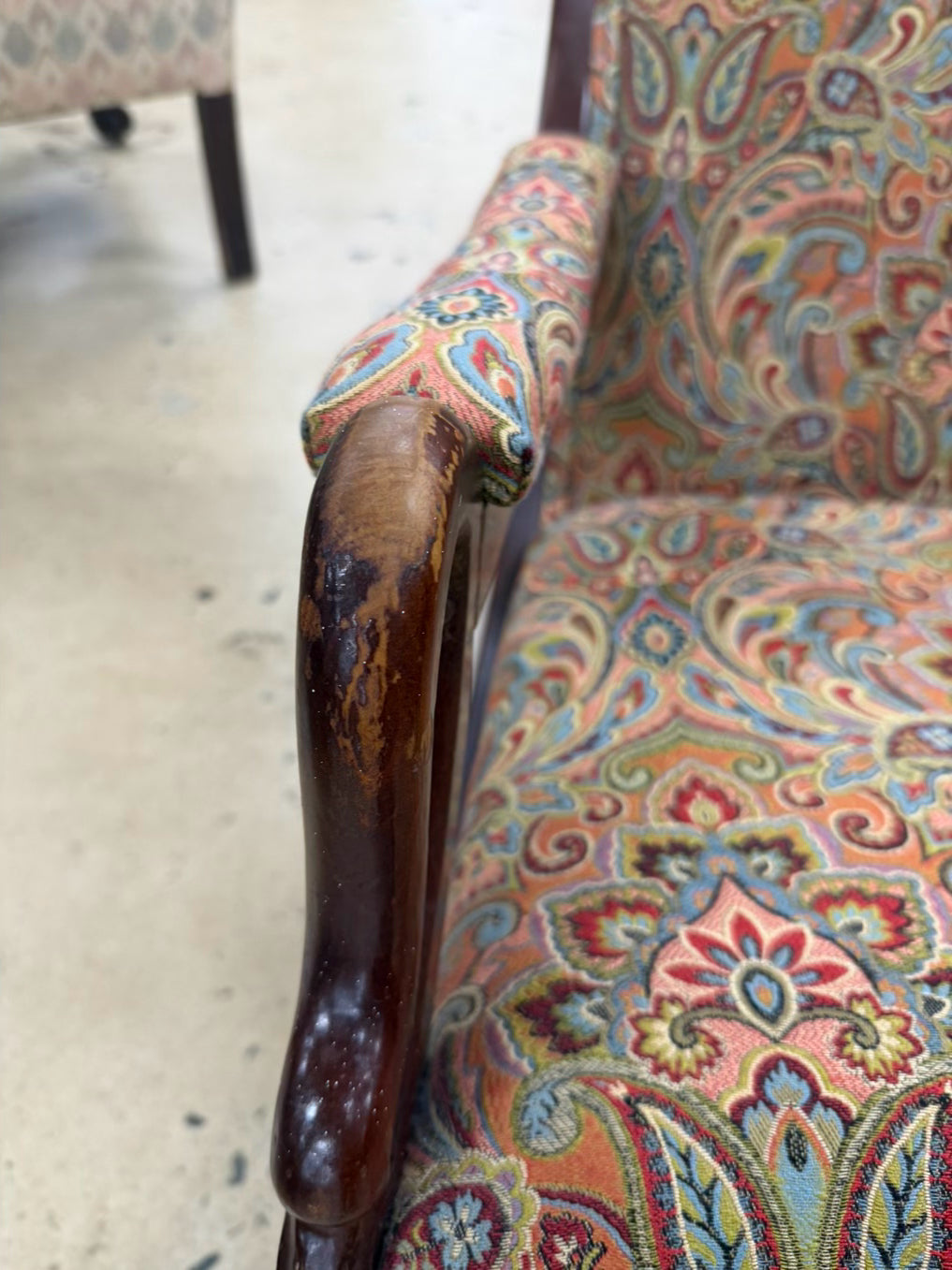 Orange, Blue & Red Paisley Fabric Gooseneck Rocking Chair