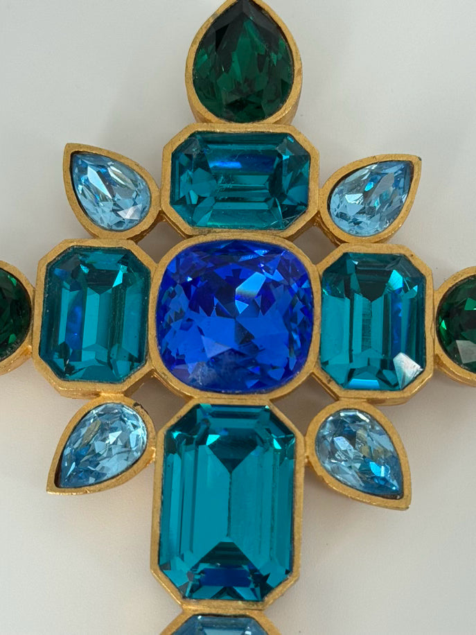 MARY FROST Gold Tone Colorful Rhinestones Cross Brooch
