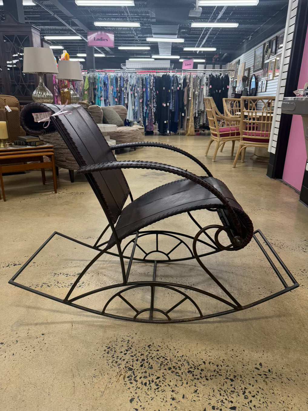 Brown Leather & Metal Rocking Chair