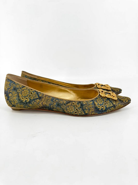 MANOLO BLAHNIK Size 39 Blue & Gold Paisley Flats