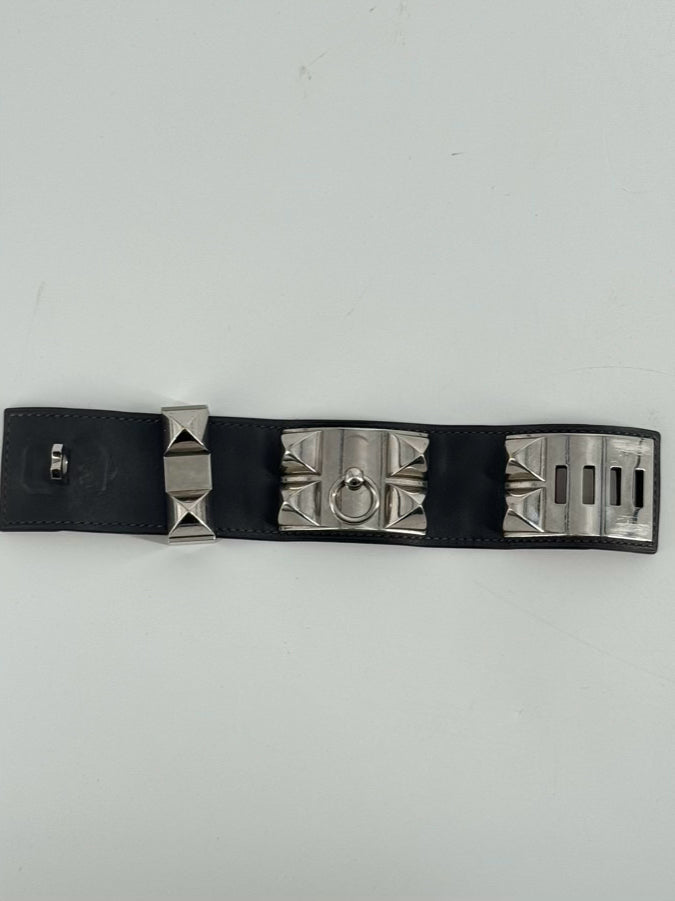 HERMES Gunmetal Leather Collier de Chien Wrap Bracelet