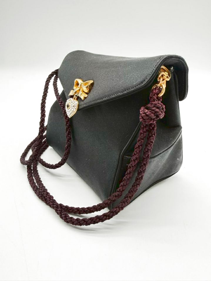 JUDITH LEIBER Black Satin Evening Bag w/ Gold Tone Heart Clasp