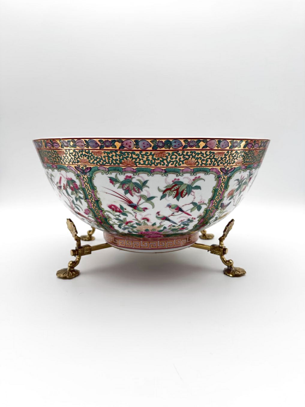 Rose Medallion Porcelain Large Bowl w/ Brass Bowl Holder
