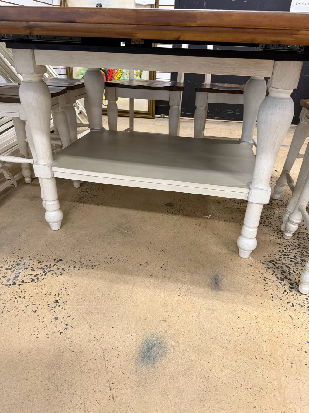 Brown & White Counter Height Wood Dinning Table w/ 4 Barstools & 4 Backed Barstools