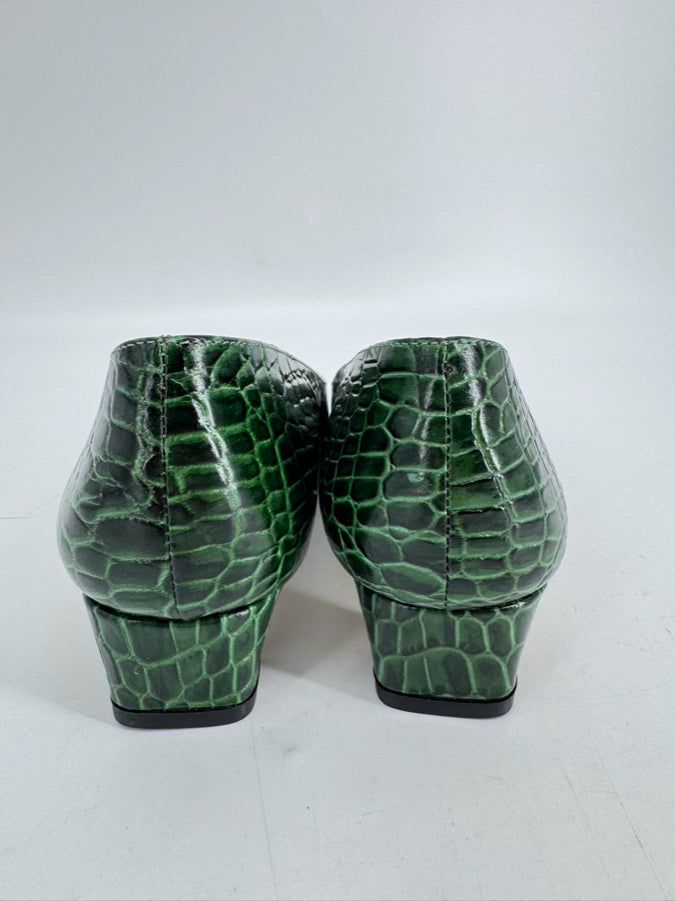 FRANCES VALENTINE Size 7.5 Green Embossed Leather Kitten Heels