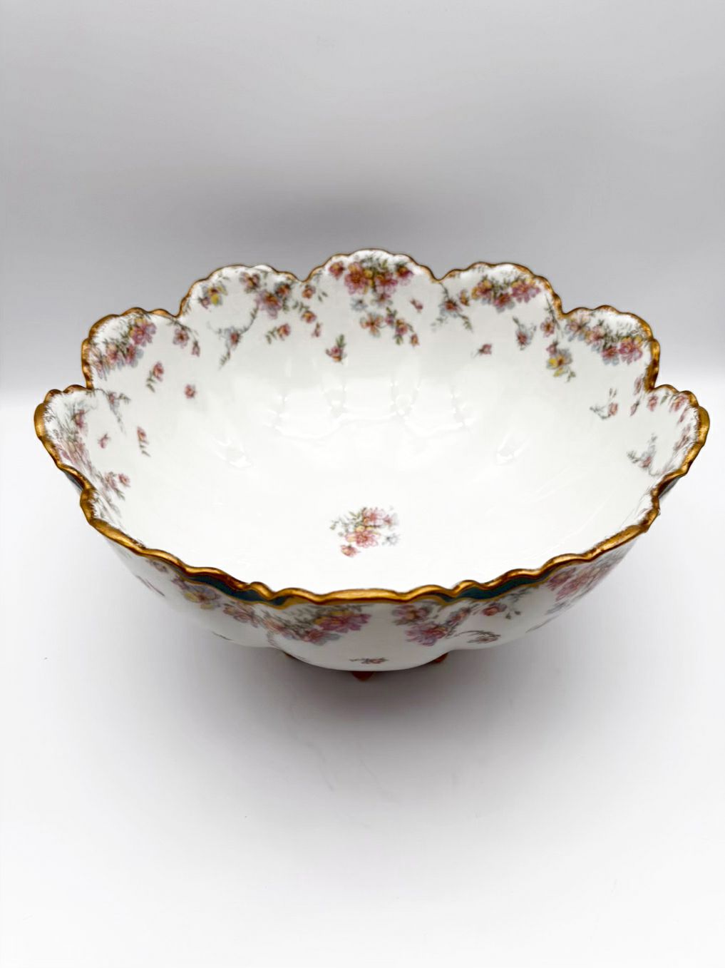 HAVILAND White , Green & Pink China Large Pedestal Punch Bowl