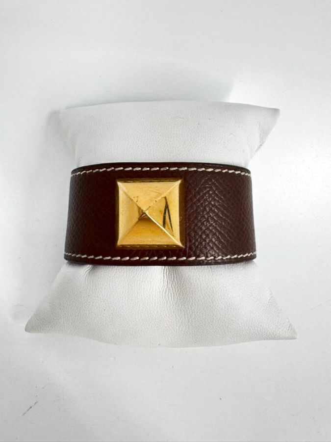 HERMES Brown Leather Gold Tone Stud Cuff Bracelet