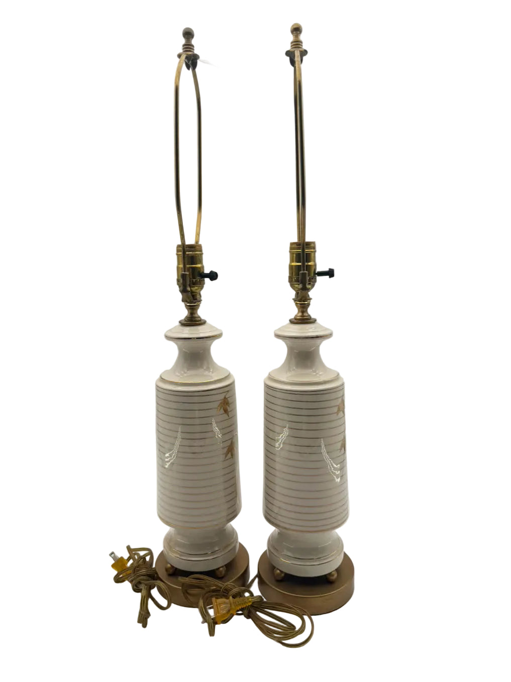 MID CENTURY White & Gold Cylinder Ceramic Pair Of Lamps No Shades