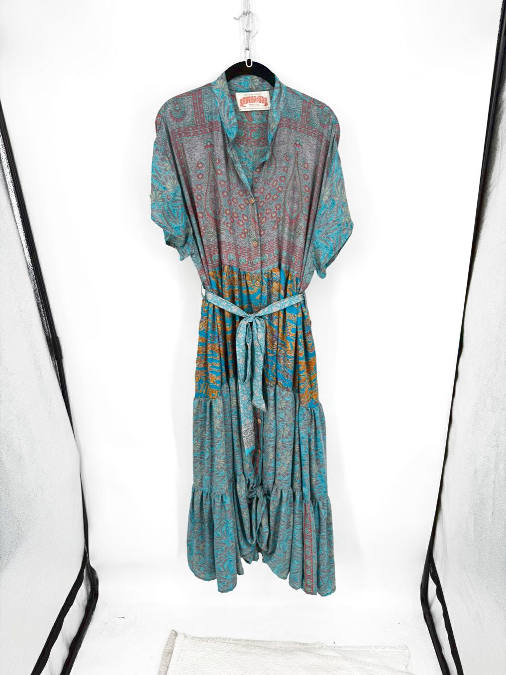 KANTHA BAE Size Wmn's Free Size Turquoise Belted Print Maxi-Dress