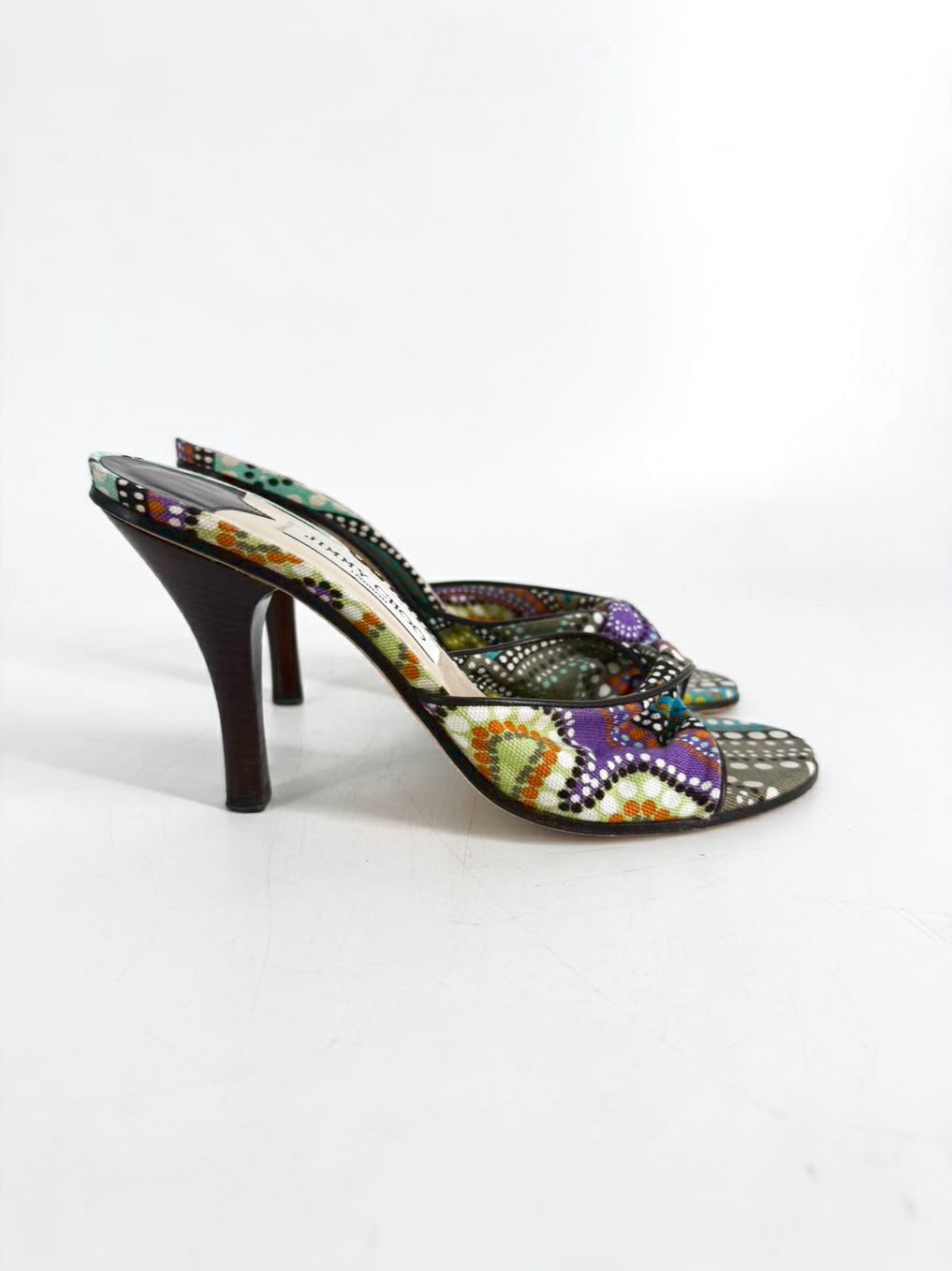 JIMMY CHOO Size 38 Purple & Green Canvas Print Heels