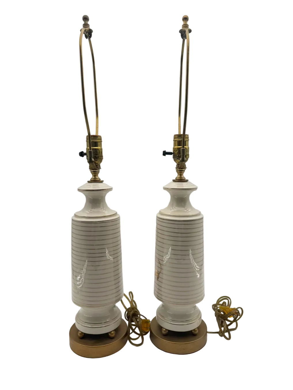 MID CENTURY White & Gold Cylinder Ceramic Pair Of Lamps No Shades
