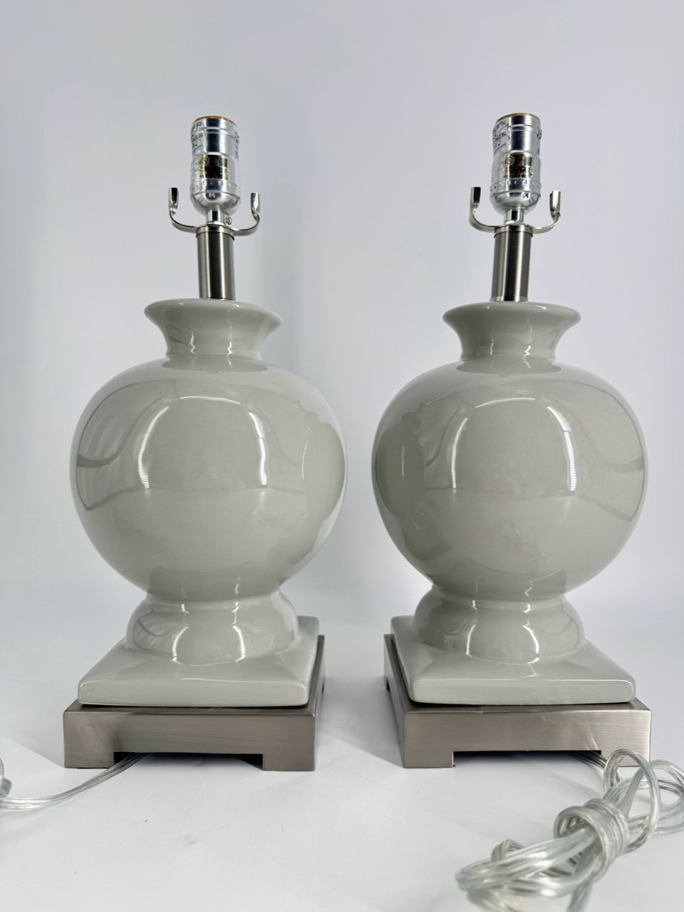 Gray Ginger Jar Pair of Lamps w/ Brushed Silver Bases