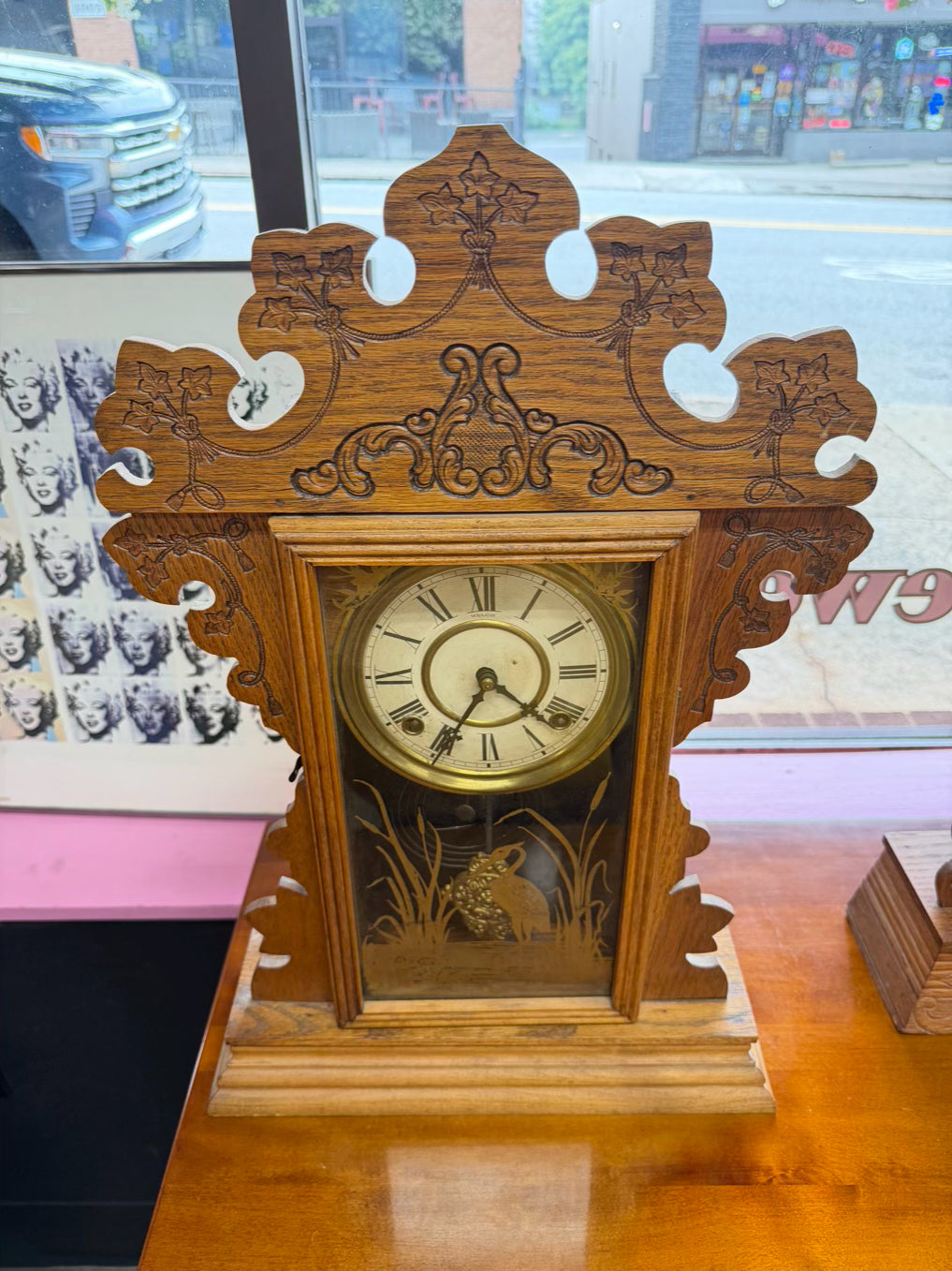 ANTIQUE Medium Oak Clock w/ Gold Bird Design