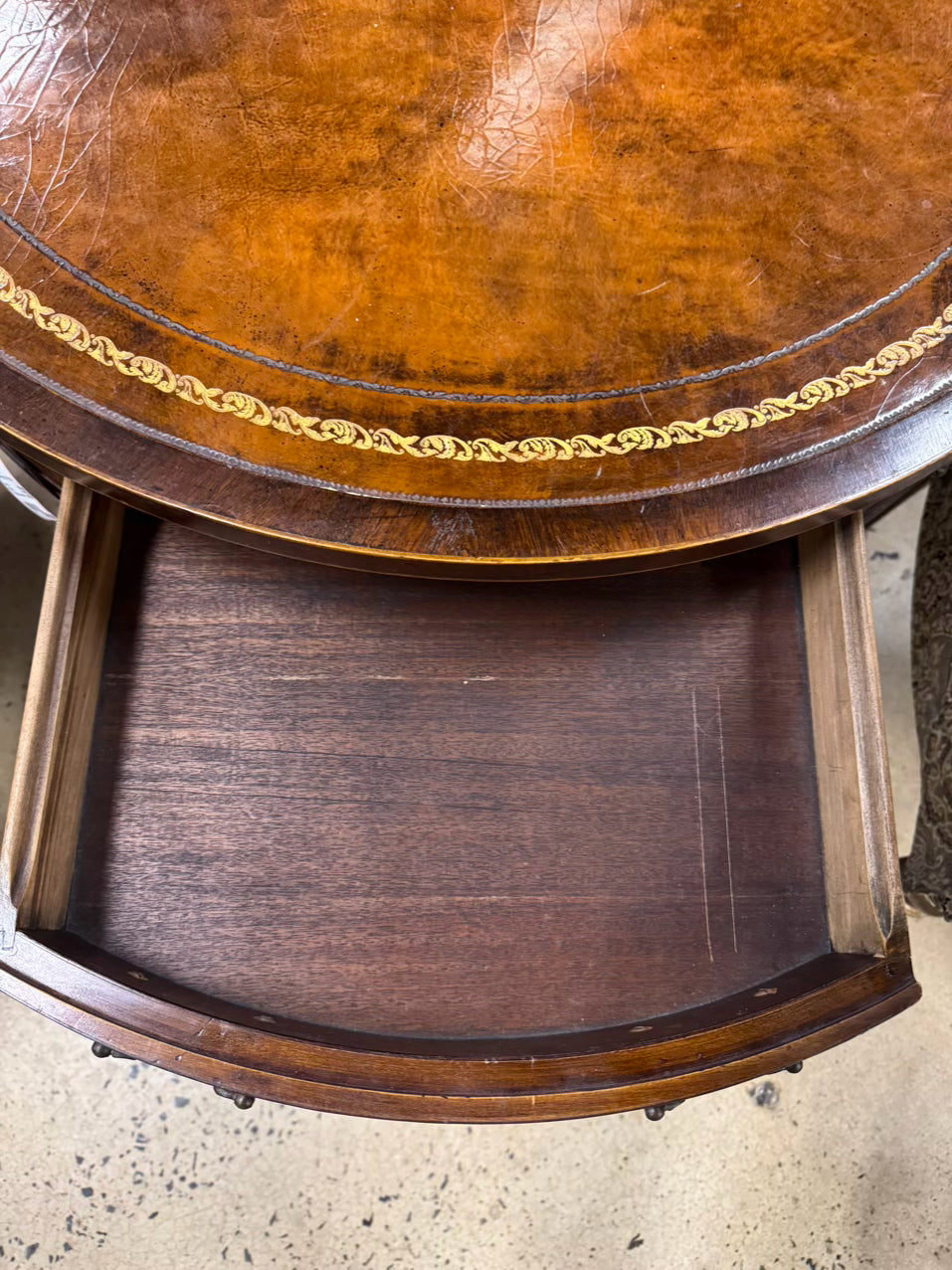 VINTAGE Wood Leather Top Round Occasional Table