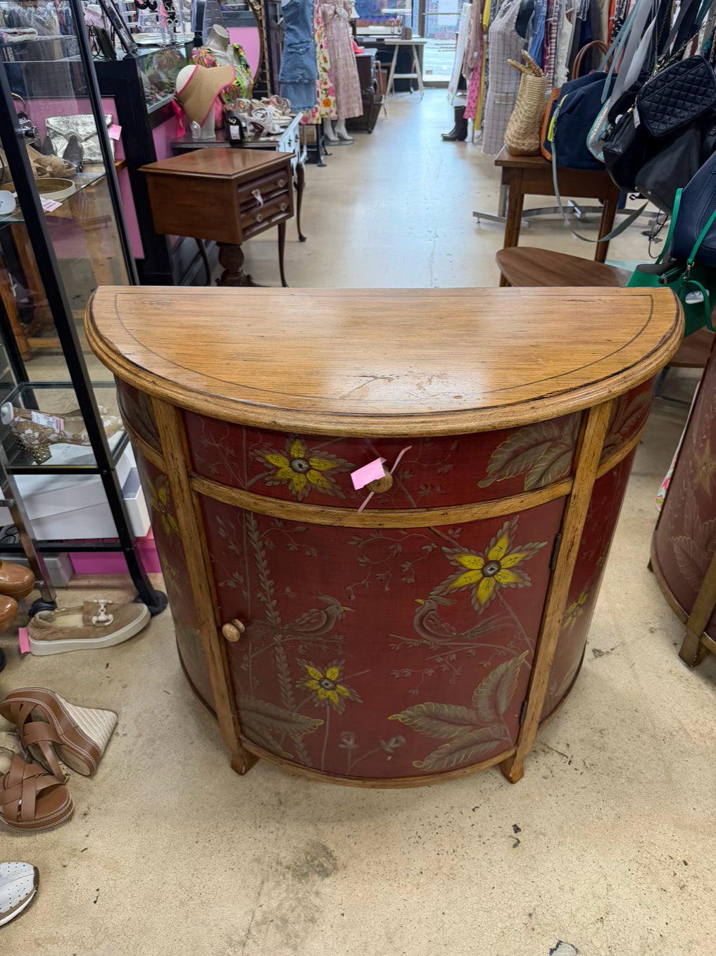 Red & Gold Demilune Birds Cabinet w/ Drawer