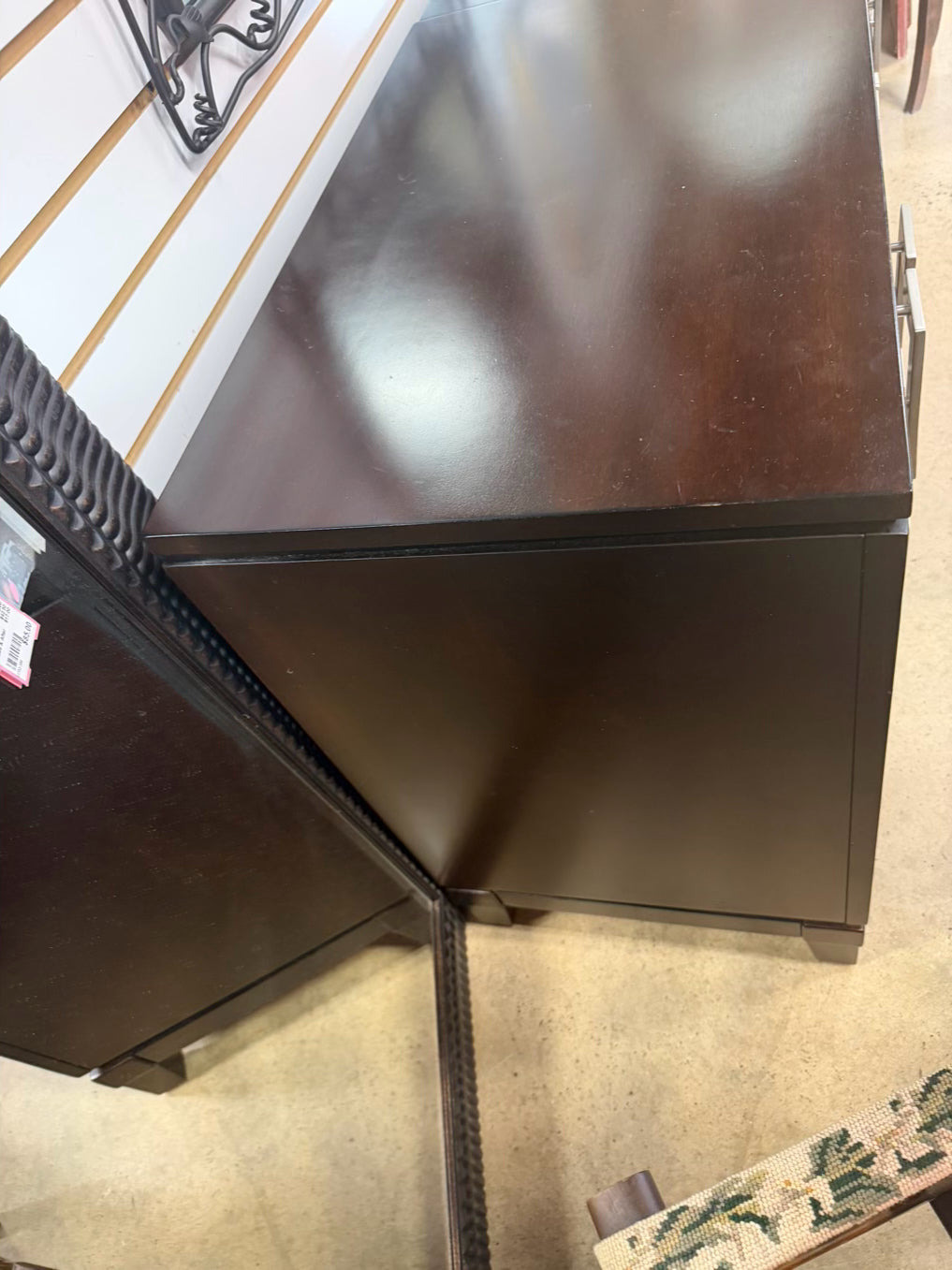 Dark Wood Pair of End Tables w/ Silver Metal Handles