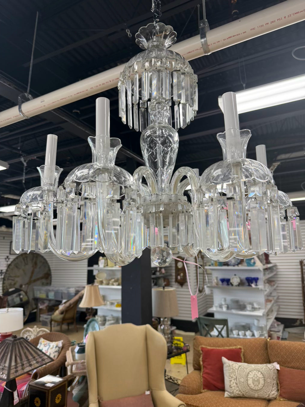 Clear & Silver Crystal & Polished Chrome 6 Arm Chandelier w/ Prisms