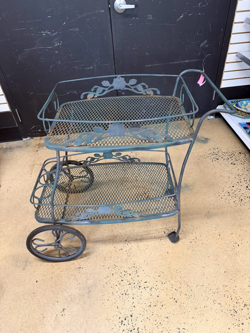 VINTAGE Green Wrought Iron Outdoor 2 Tier Tea Cart w/ Wheels