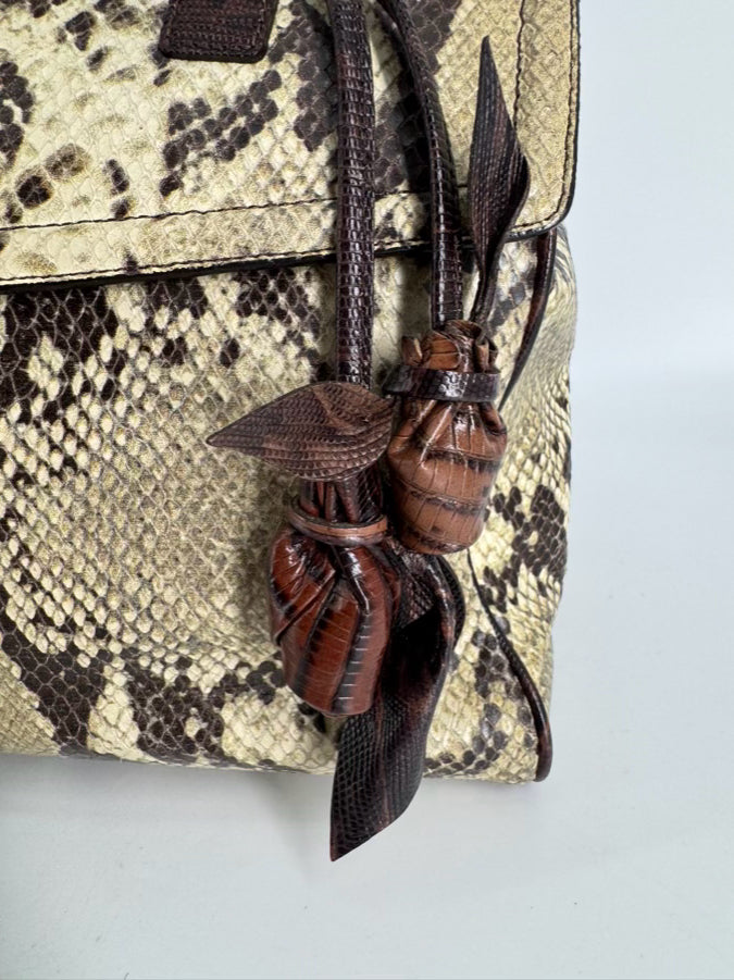 BRAHMIN Cream & Brown Leather Snake Print Purse