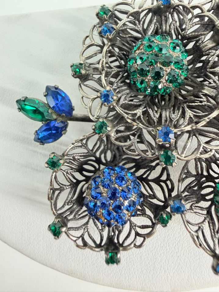 VENDOME Green & Black Mesh Wire Flower Brooch & Earring Set