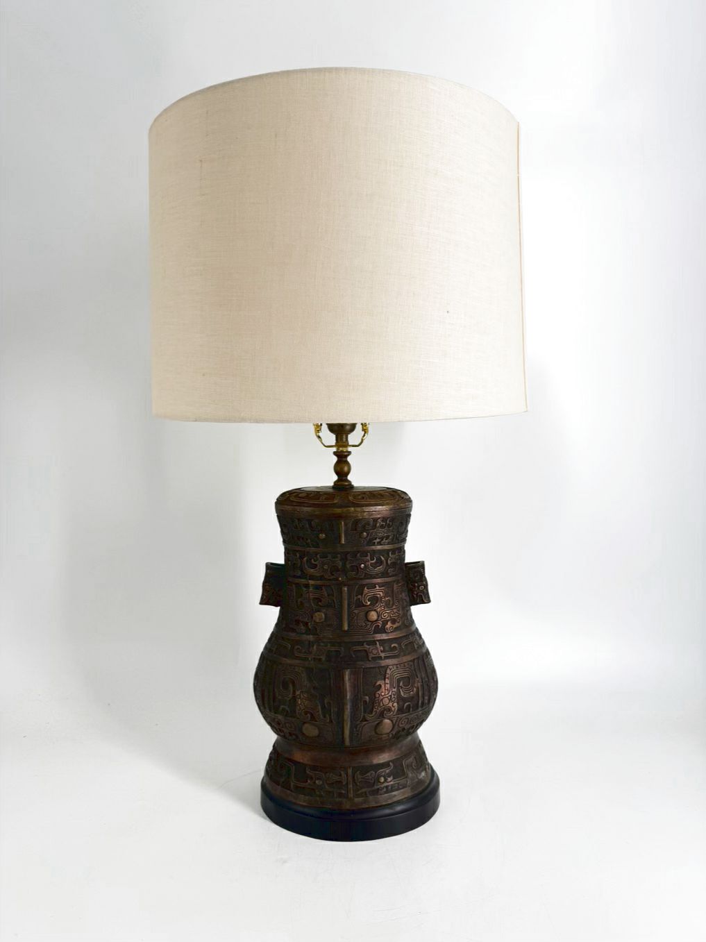 Bronze Asian Wine Vessel Style Lamp w/ Shade