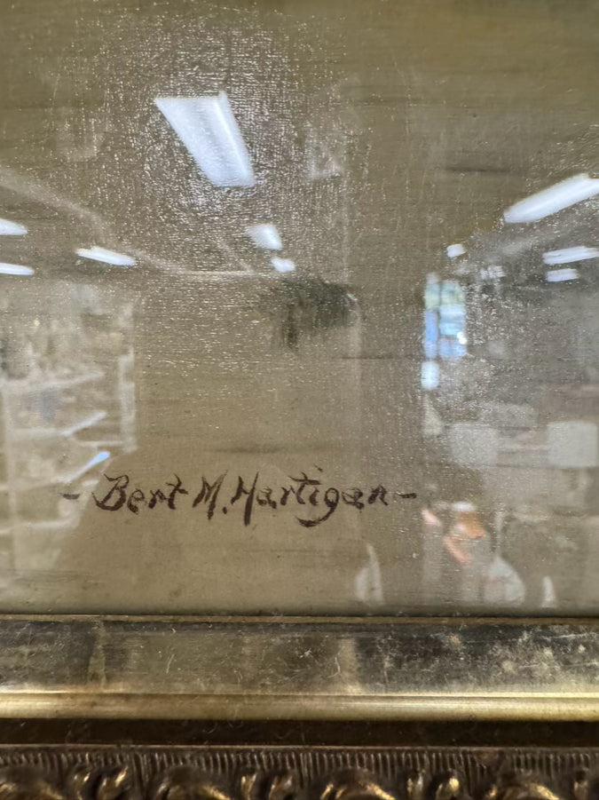 BERT M. HERTIGAN Lake Scene Painting in Gold Antique Frame