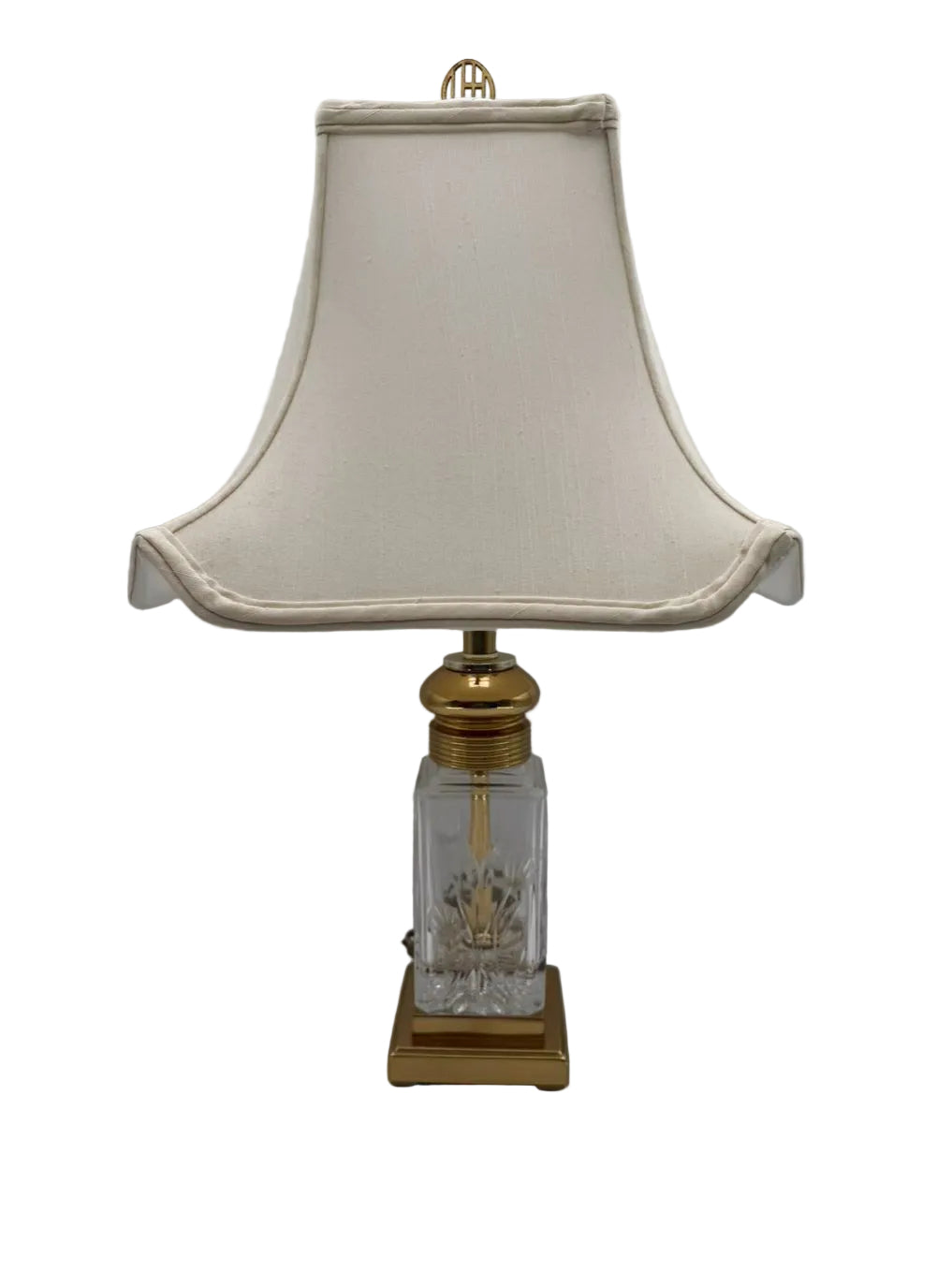 Square Clear Crystal & Brass Lamp w/ Ivory Silk Shade