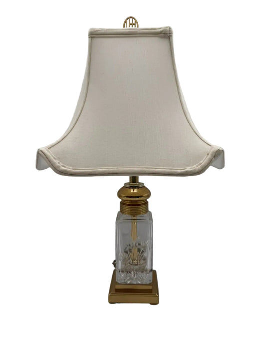 Square Clear Crystal & Brass Lamp w/ Ivory Silk Shade