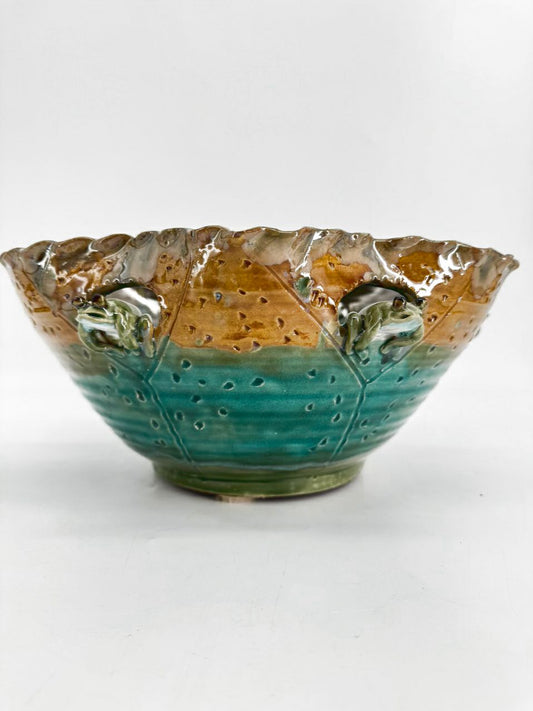 Green & Tan Pottery Frogs Large Bowl