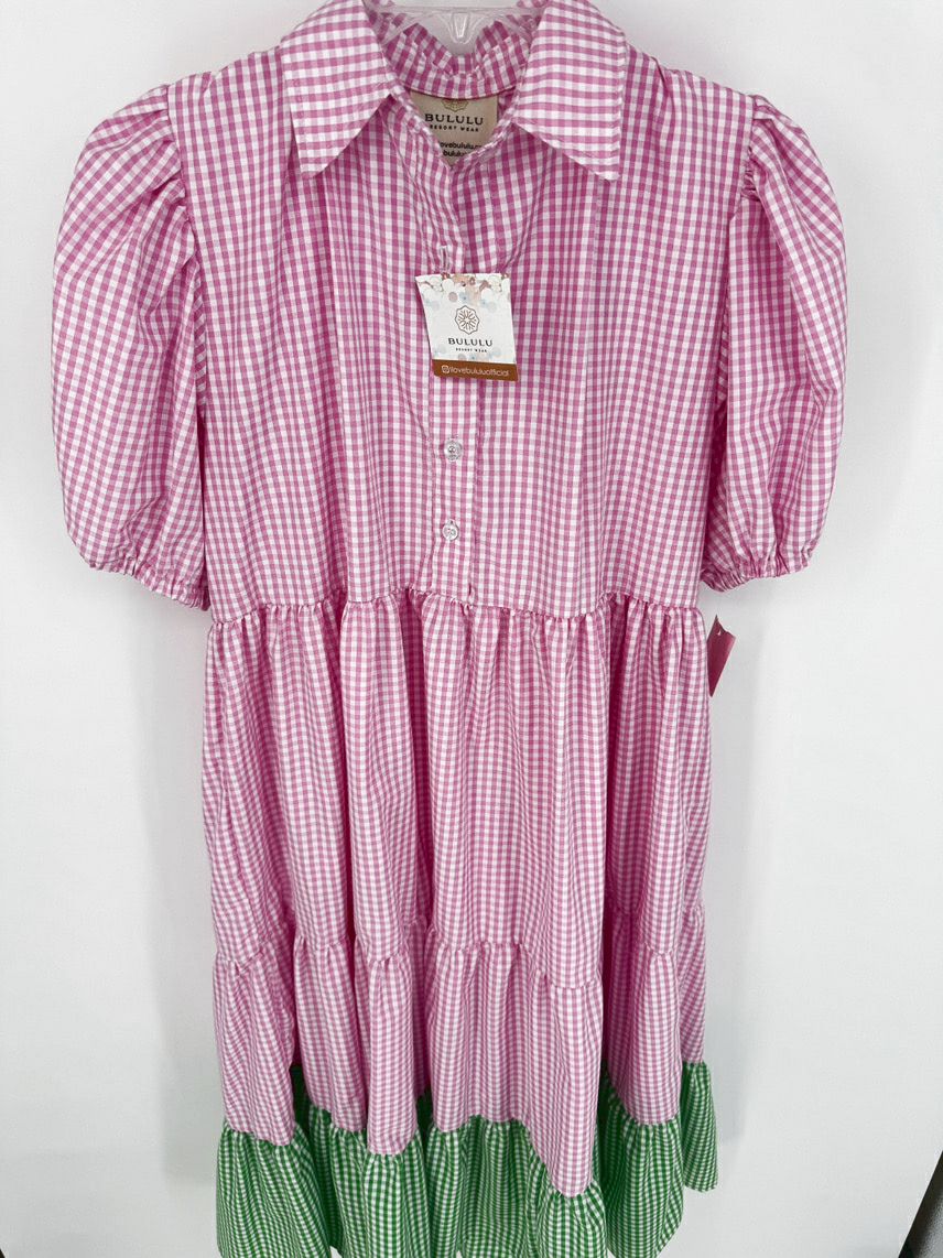 BULULU Size Wmn's L/XL pink & green Print Check Dress