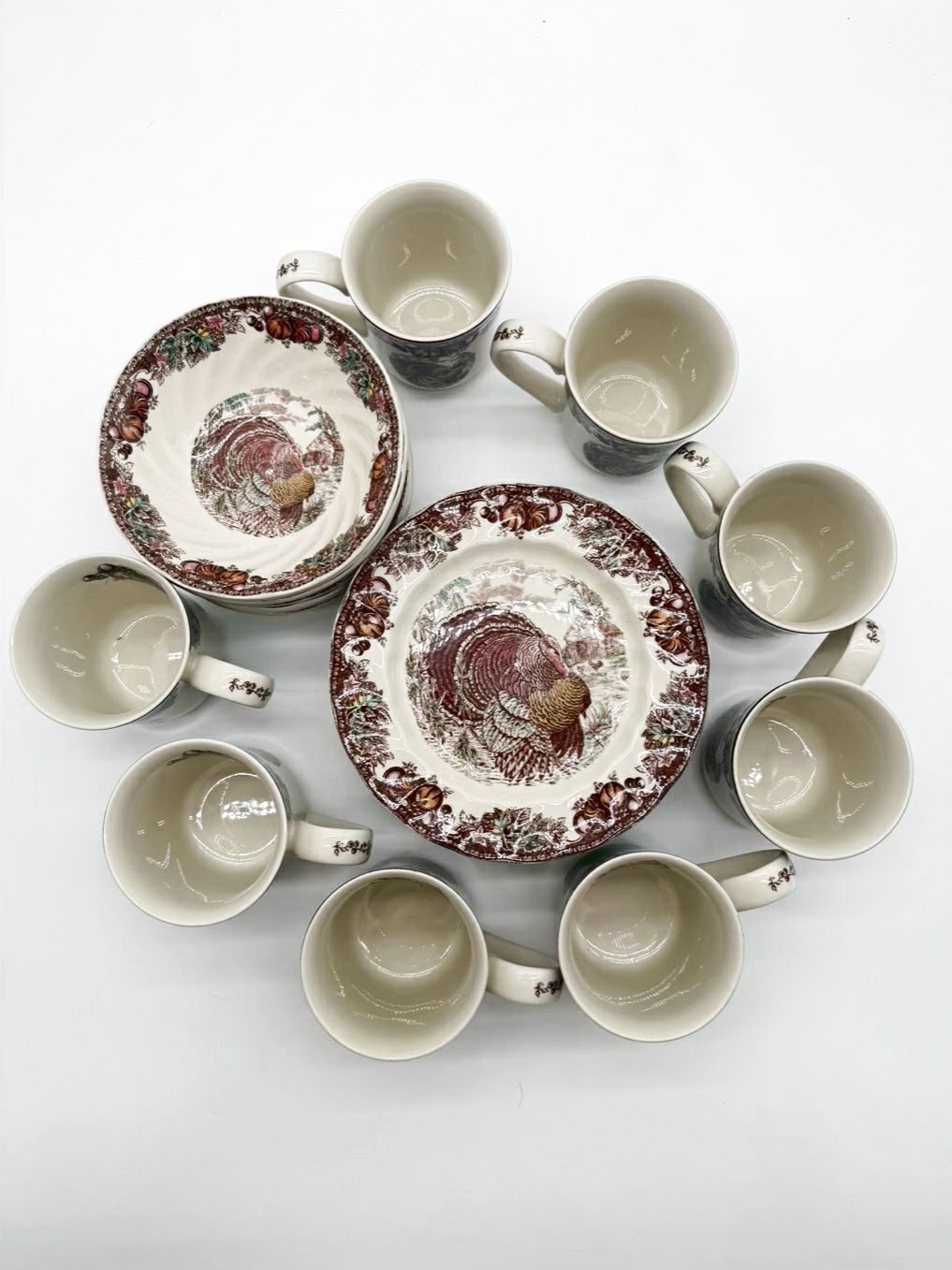 JOHNSON BROS. Brown & White Autumn Monarch Dinnerware Set Of 8 Mugs , Bowls, & Small Plates