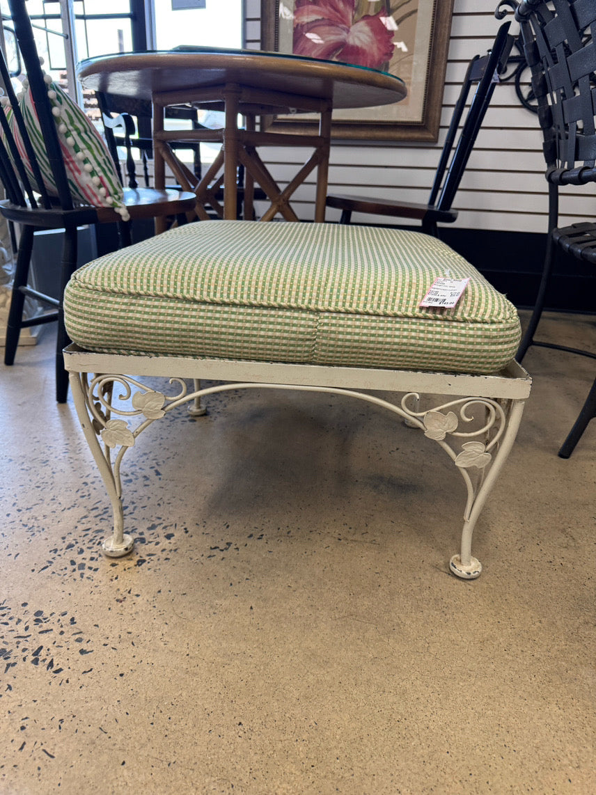 VINTAGE White & Green Wrought Iron Check Upholstered Ottoman