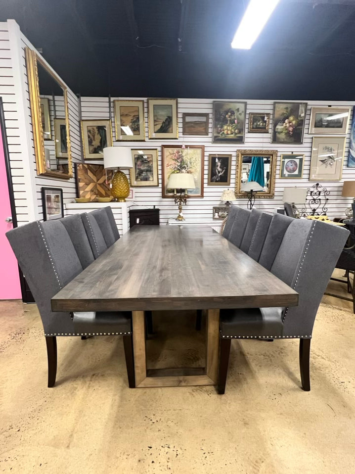 Gray Wood Dining Table & 6  Nail Head Chairs