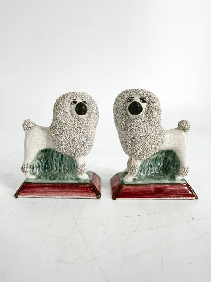 STAFFORDSHIRE White & Green Ceramic Confetti Poodle Pair Of Figurines