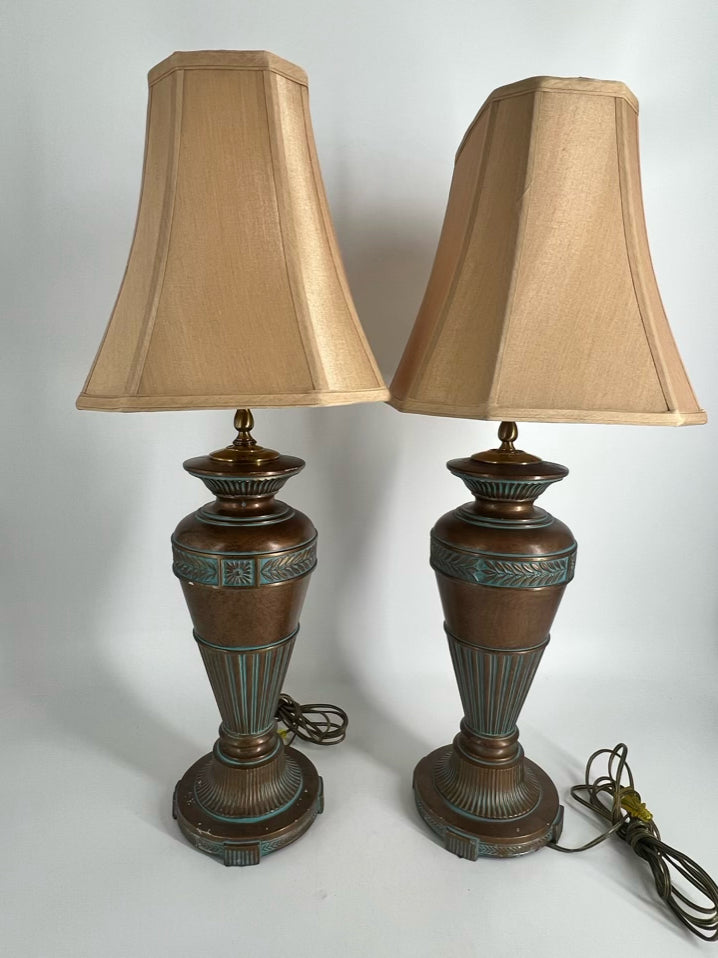 Gold & Aqua Metal Pair of Lamps w/ Shades