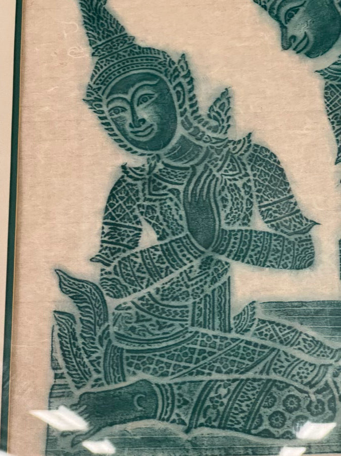 Turquoise Thai Temple Rubbing in Black & Gold Frame