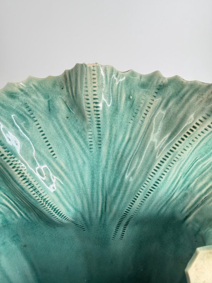 ENGLAND Aqua & Tan Majolica Pair Of Slip Pot Platters