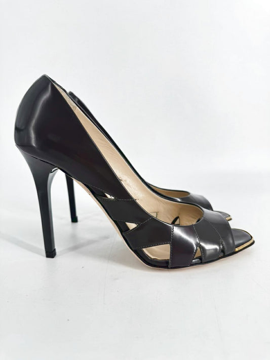 JIMMY CHOO Size 38 Taupe Leather Laser Cut Pumps