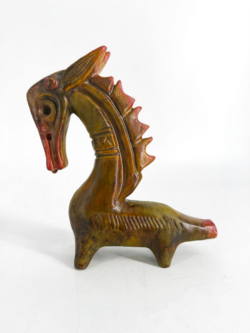 VINTAGE Green & Orange Pottery Sea Horse Sculpture