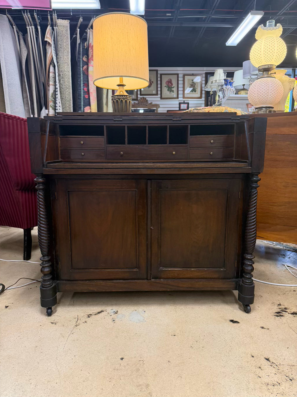 Dark Wood Drop Front Desk w/ Lower Cabinet