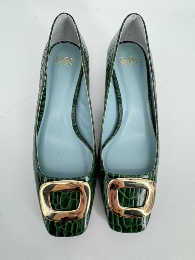 FRANCES VALENTINE Size 7.5 Green Embossed Leather Kitten Heels