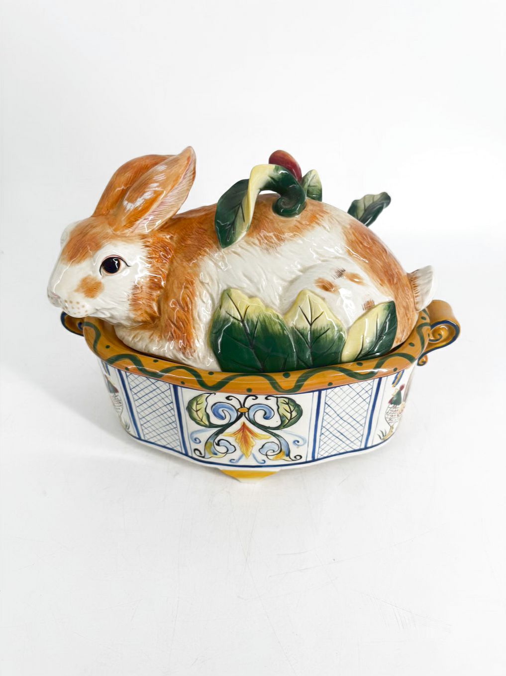 FITZ AND FLOYD RICAMO White, Yellow & Blue Rabbit Figural Soup Tureen w/ Ladle