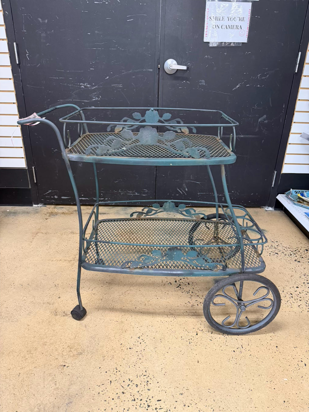 VINTAGE Green Wrought Iron Outdoor 2 Tier Tea Cart w/ Wheels